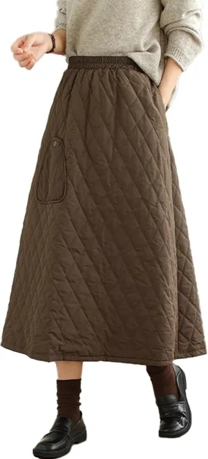SOMTHRON Women's High Waist Quilted Skirt Padded A-Line Windproof Winter Warm Insulated Thicken Midi Long Skirt