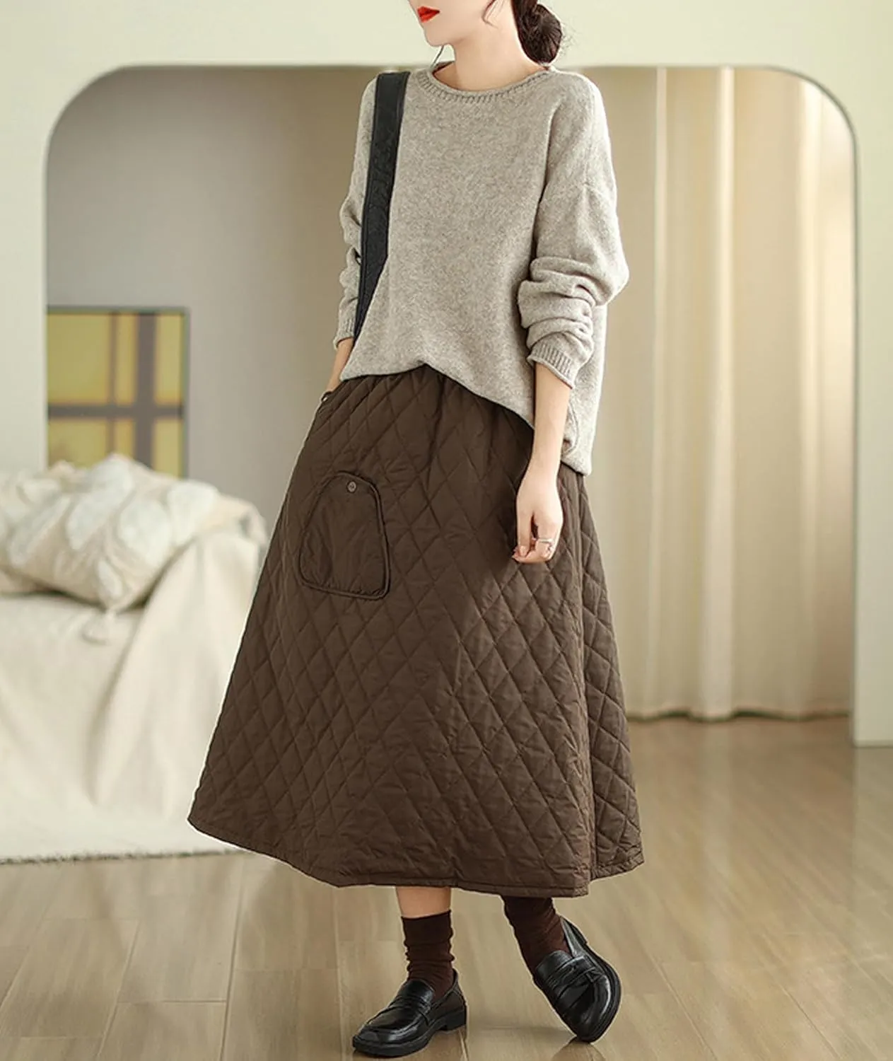 SOMTHRON Women's High Waist Quilted Skirt Padded A-Line Windproof Winter Warm Insulated Thicken Midi Long Skirt