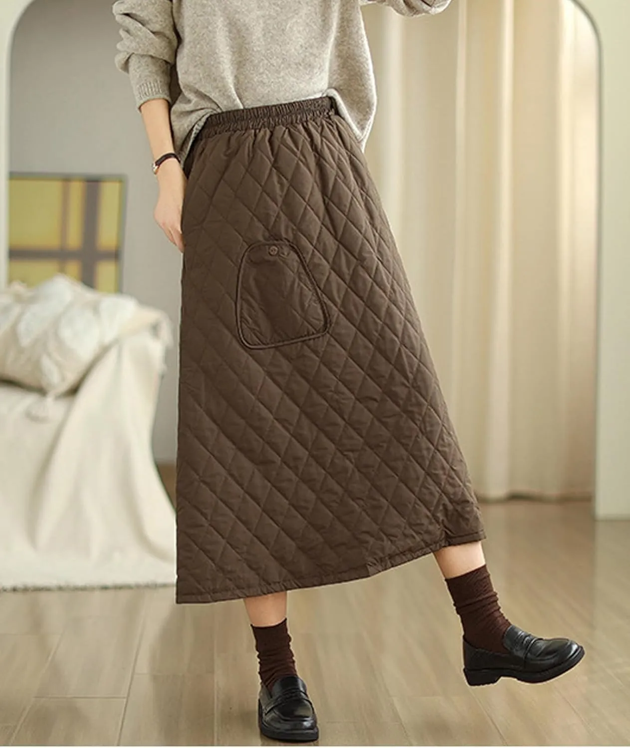 SOMTHRON Women's High Waist Quilted Skirt Padded A-Line Windproof Winter Warm Insulated Thicken Midi Long Skirt