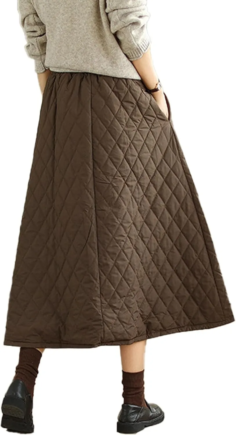 SOMTHRON Women's High Waist Quilted Skirt Padded A-Line Windproof Winter Warm Insulated Thicken Midi Long Skirt