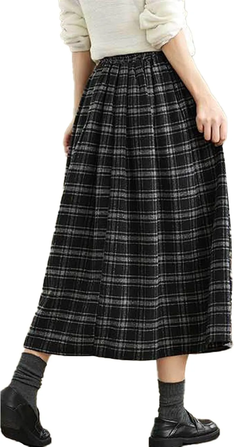 SOMTHRON Women's Retro Plaid Midi Skirt Elastic High Waist A-Line Pleated Flare Checkered Long Skirt