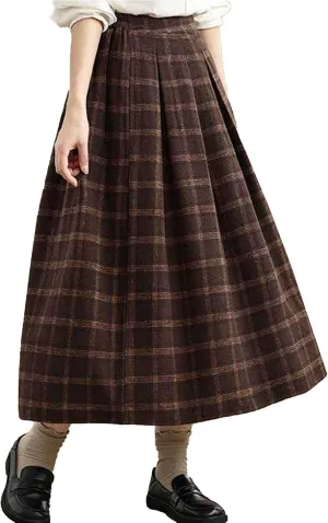 SOMTHRON Women's Retro Plaid Midi Skirt Elastic High Waist A-Line Pleated Flare Checkered Long Skirt