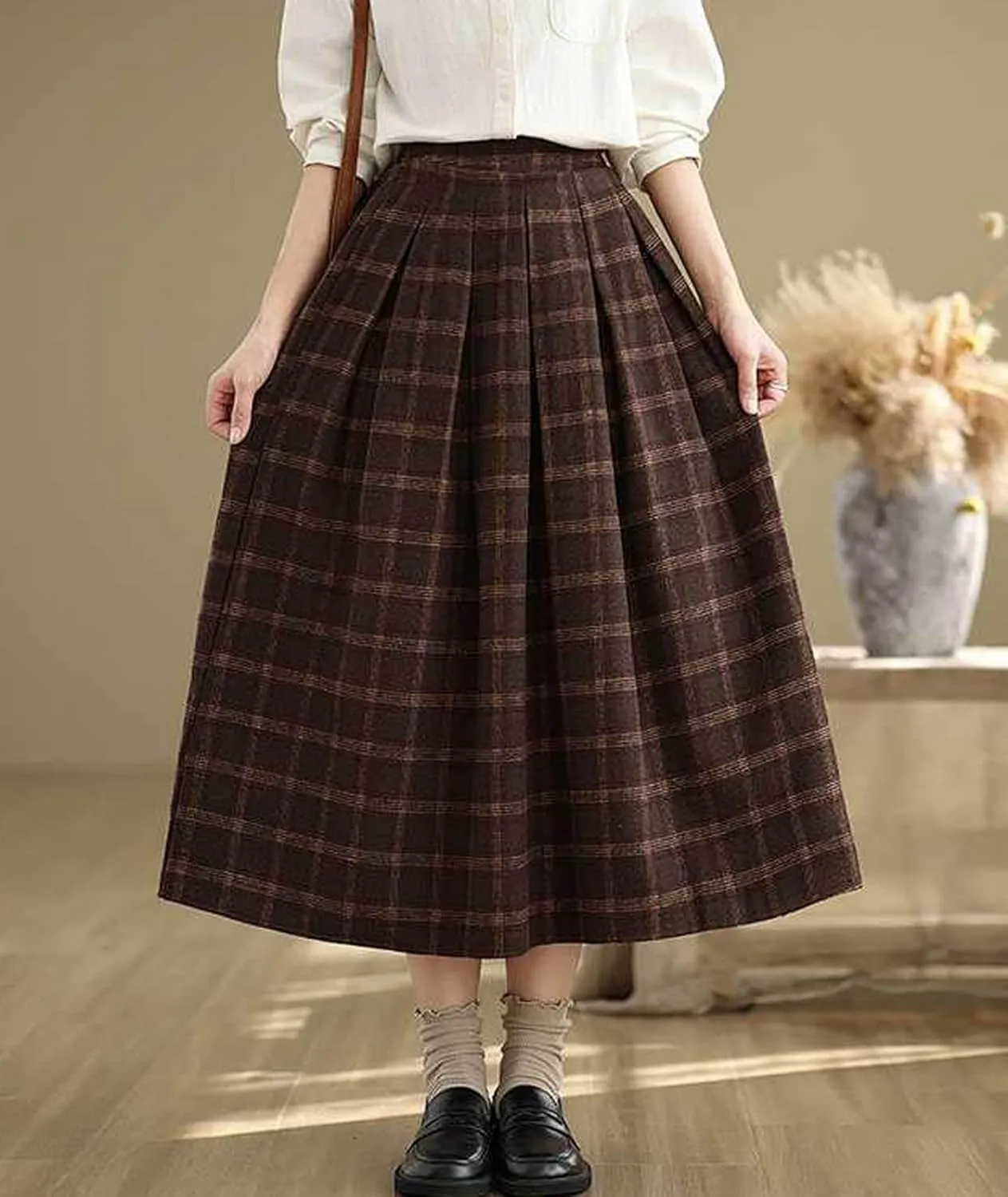 SOMTHRON Women's Retro Plaid Midi Skirt Elastic High Waist A-Line Pleated Flare Checkered Long Skirt