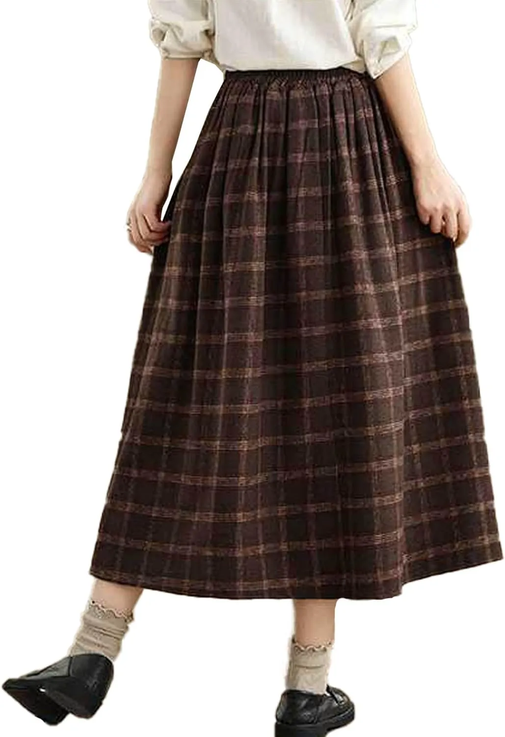 SOMTHRON Women's Retro Plaid Midi Skirt Elastic High Waist A-Line Pleated Flare Checkered Long Skirt