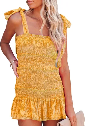 SOMTHRON Women's Summer Floral Tie Shoulder Mini Dress Sleeveless Ruffle Smocked Square Neck Boho Short Dress