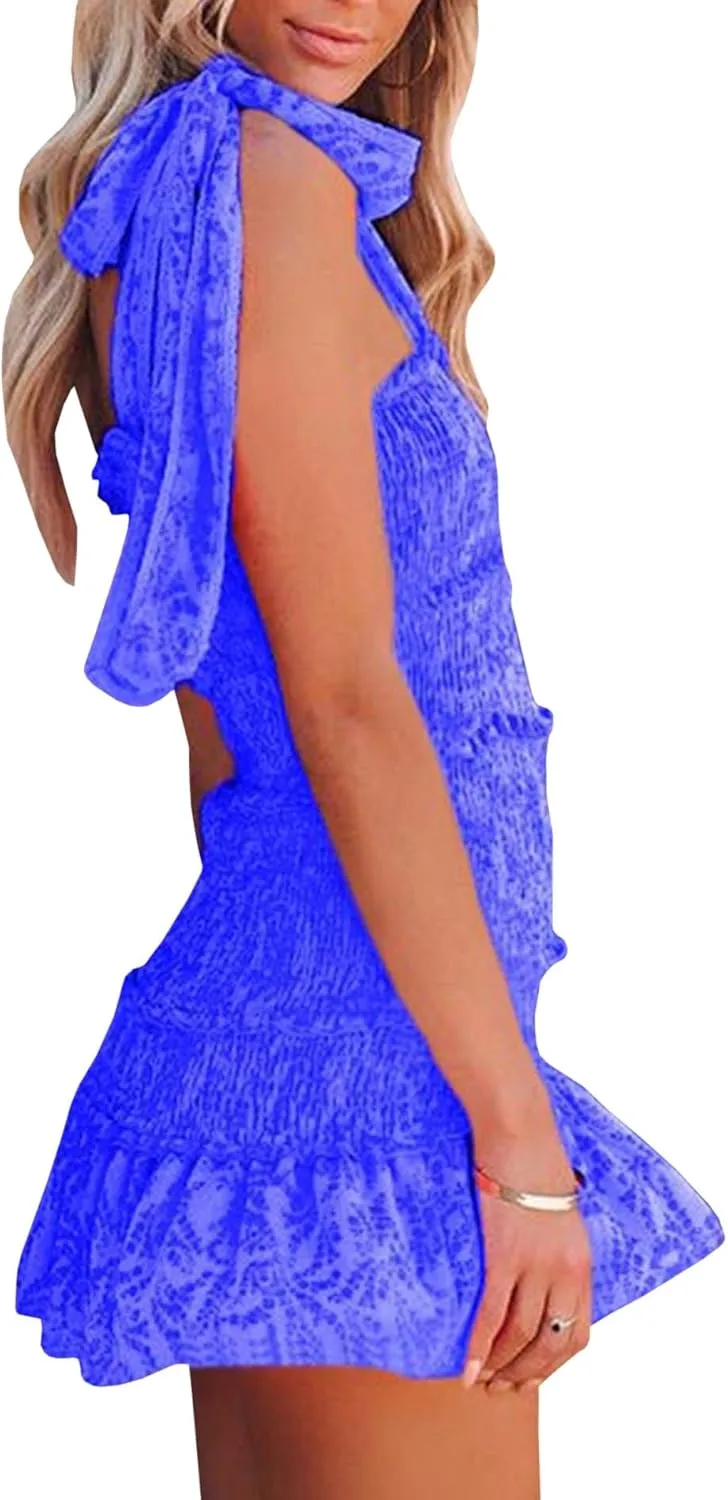 SOMTHRON Women's Summer Floral Tie Shoulder Mini Dress Sleeveless Ruffle Smocked Square Neck Boho Short Dress