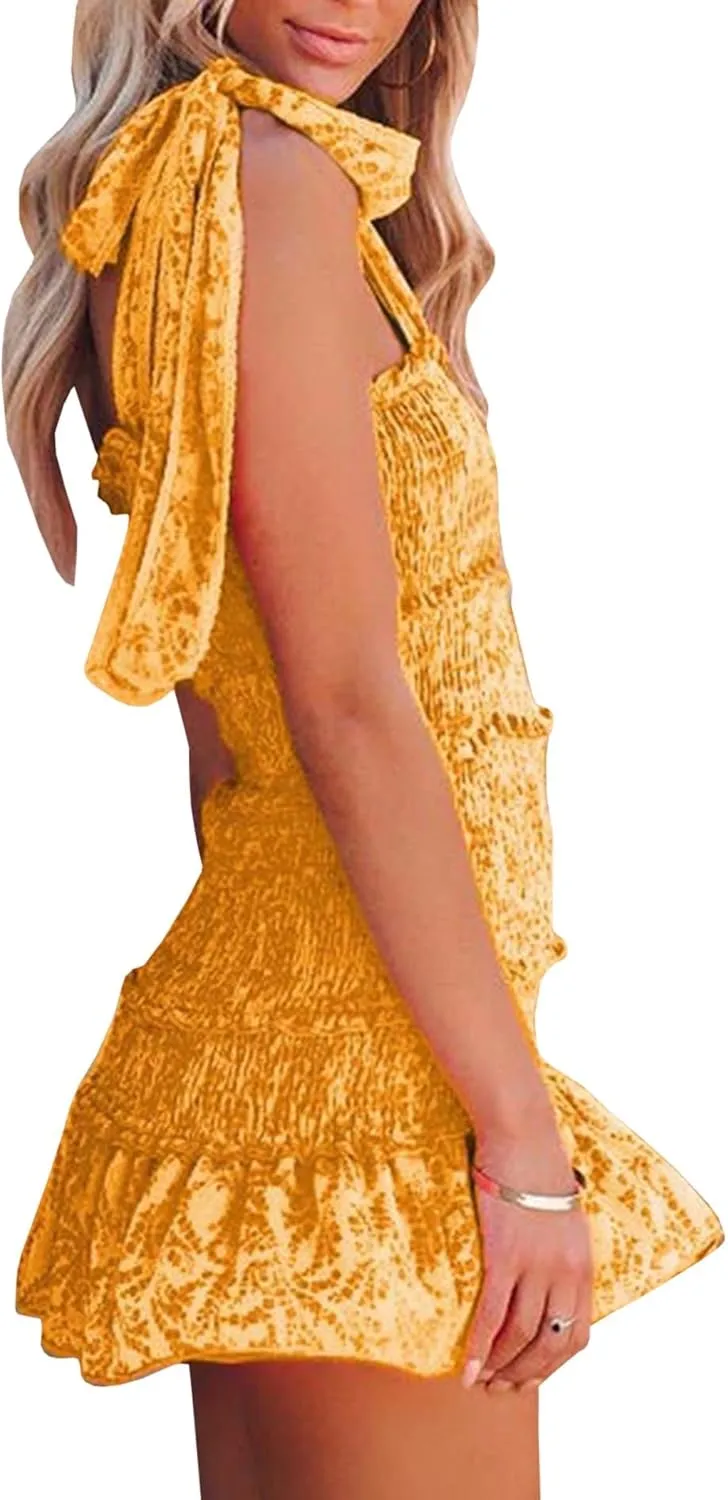 SOMTHRON Women's Summer Floral Tie Shoulder Mini Dress Sleeveless Ruffle Smocked Square Neck Boho Short Dress