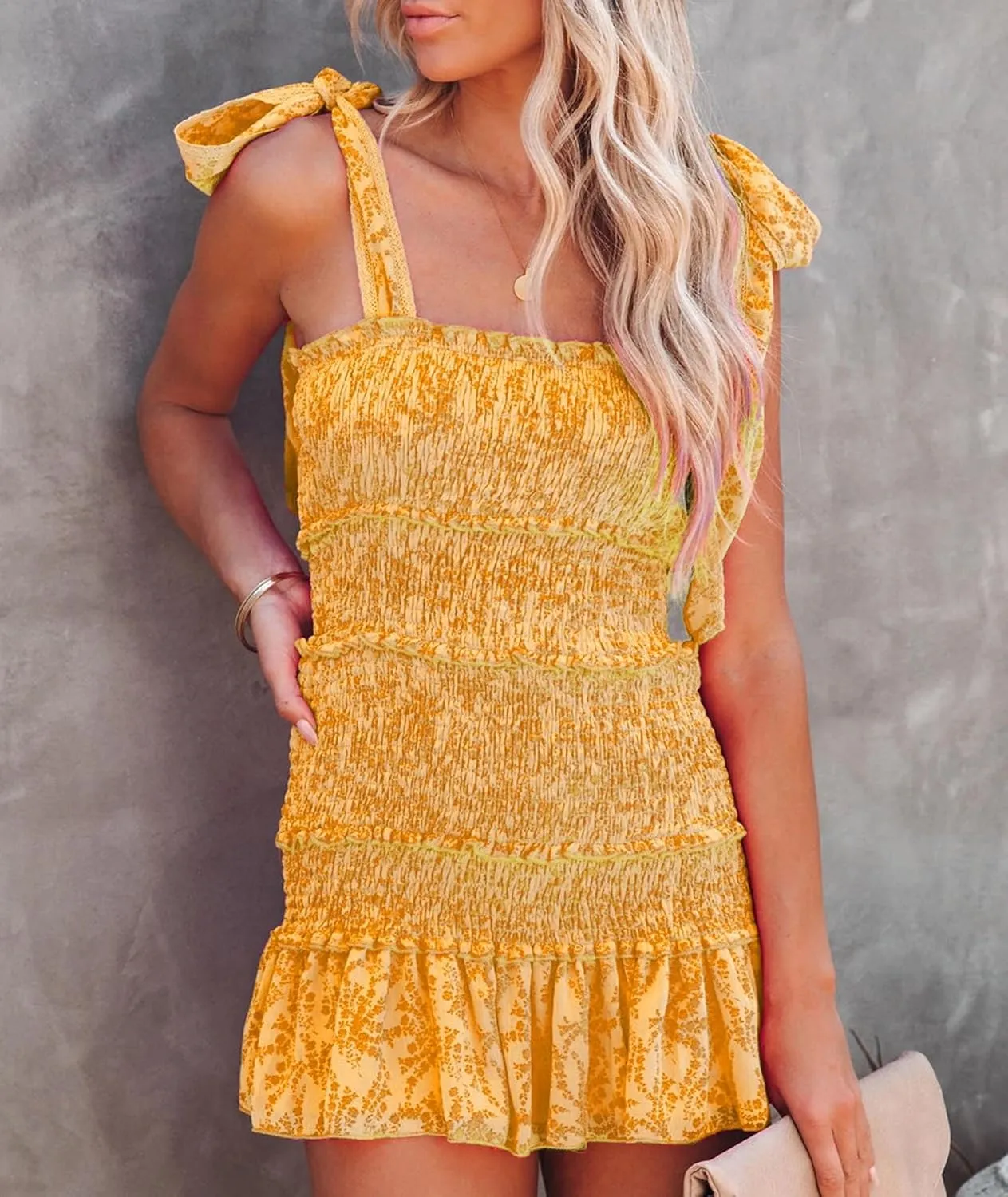 SOMTHRON Women's Summer Floral Tie Shoulder Mini Dress Sleeveless Ruffle Smocked Square Neck Boho Short Dress