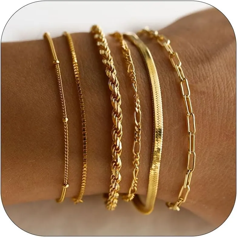 Stack Bracelets for Women Gold/Silver Bracelets for Women Waterproof 14K Gold Jewelry Sets for Women Trendy Thin Dainty Stackable Cuban Link Paperclip Chain Bracelet Gifts for Christmas