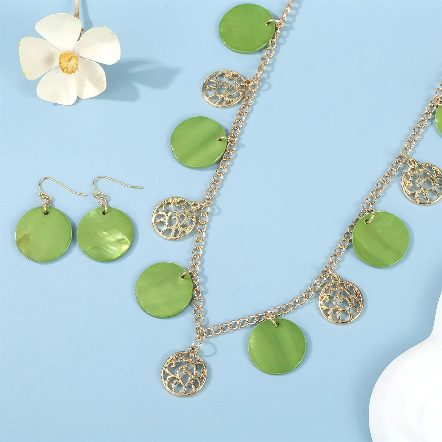 Statement Shell Disc Beaded Necklace Big Chunky 18?? Necklace and Earrings Set for Women Holiday