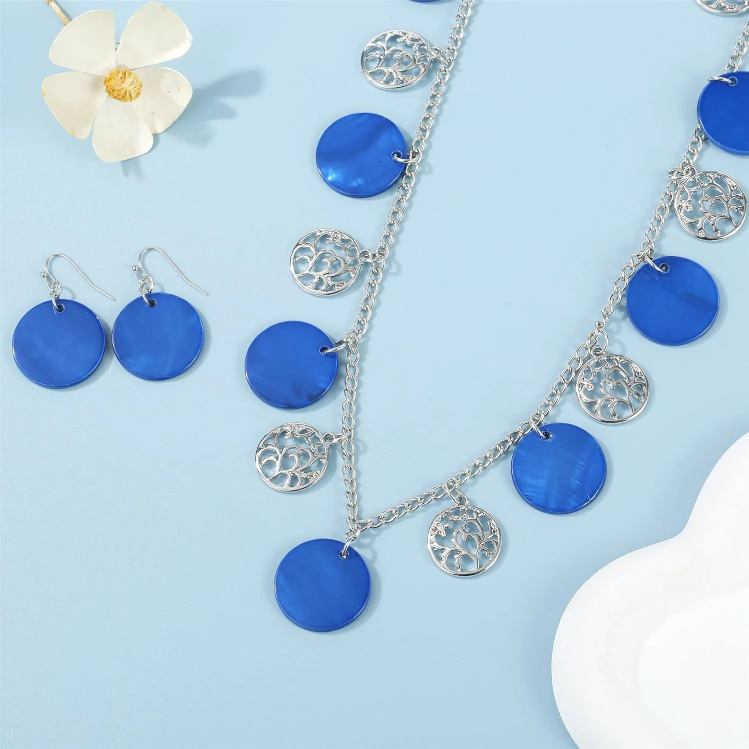 Statement Shell Disc Beaded Necklace Big Chunky 18?? Necklace and Earrings Set for Women Holiday