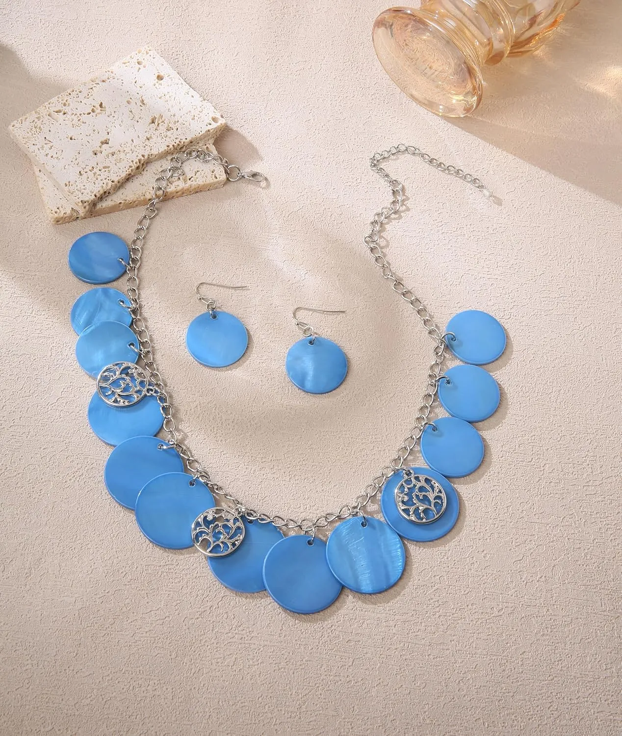 Statement Shell Disc Beaded Necklace Big Chunky 18?? Necklace and Earrings Set for Women Holiday