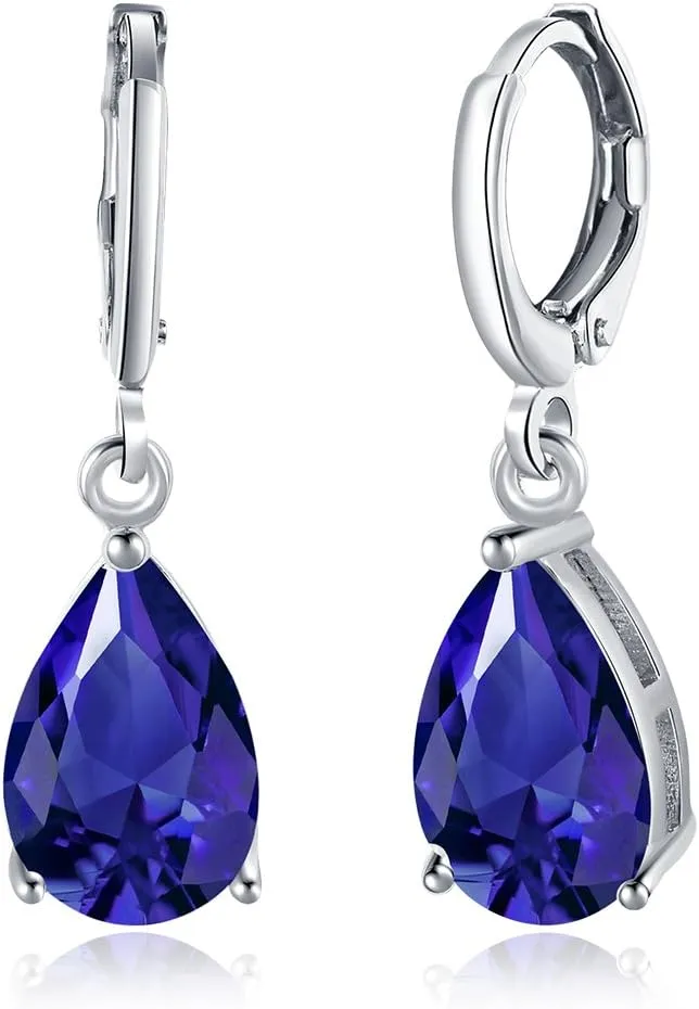 Sterling Silver Genuine Women's Fashion Sapphire Stud Hoop Jewelry Created or Simulated Gemstone Teardrop Dangle Leverback Earrings