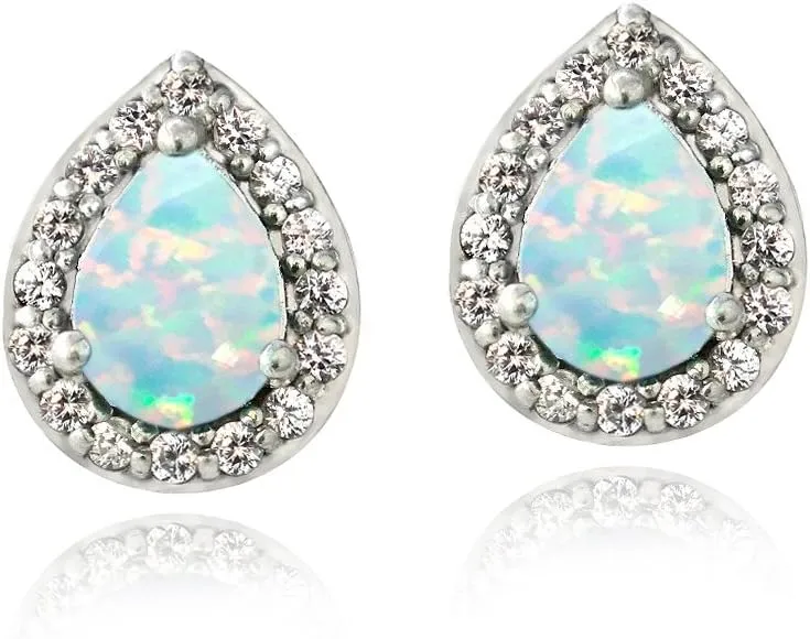 Sterling Silver Synthetic Gemstone & White Sapphire Teardrop Stud Earrings for Women