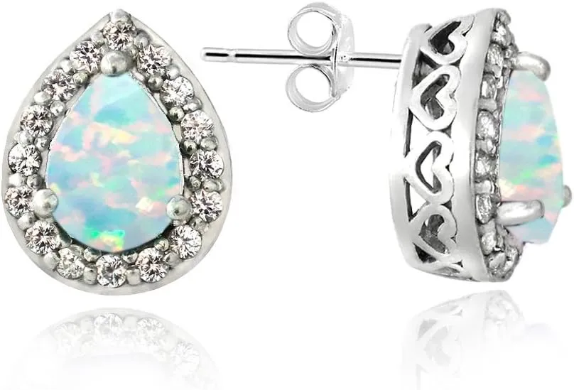 Sterling Silver Synthetic Gemstone & White Sapphire Teardrop Stud Earrings for Women