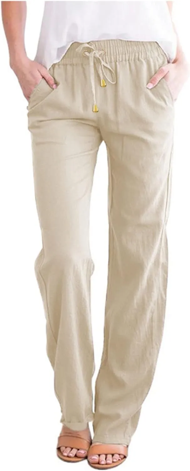 Summer Cotton Linen Pants Women Casual High Waist Loose Fit Beach Pants Drawstring Straight Leg Lounge Trousers with Pockets