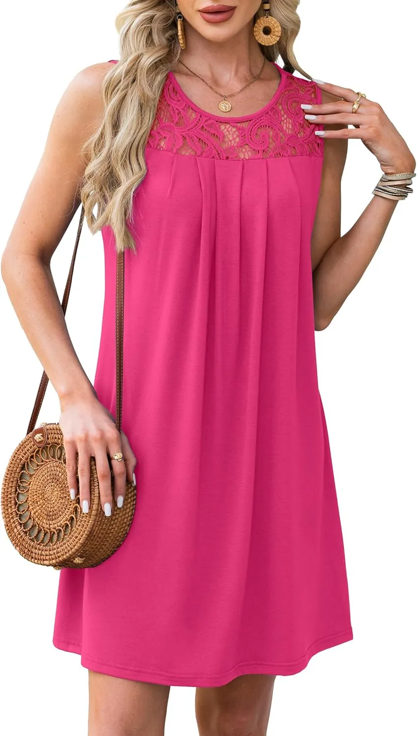 Summer Dresses for Women Sleeveless Lace Crewneck Sundress (S-3XL)