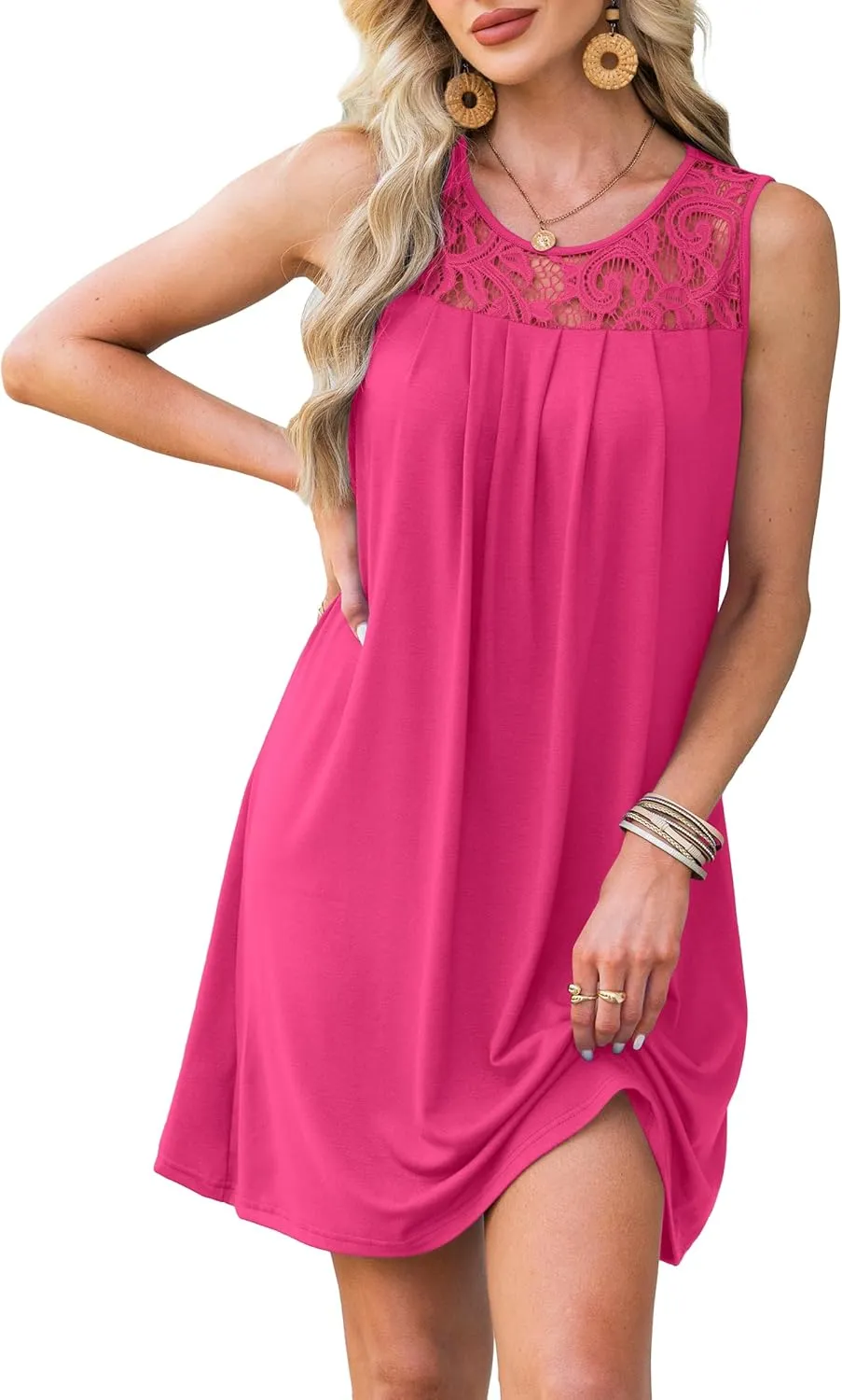 Summer Dresses for Women Sleeveless Lace Crewneck Sundress (S-3XL)