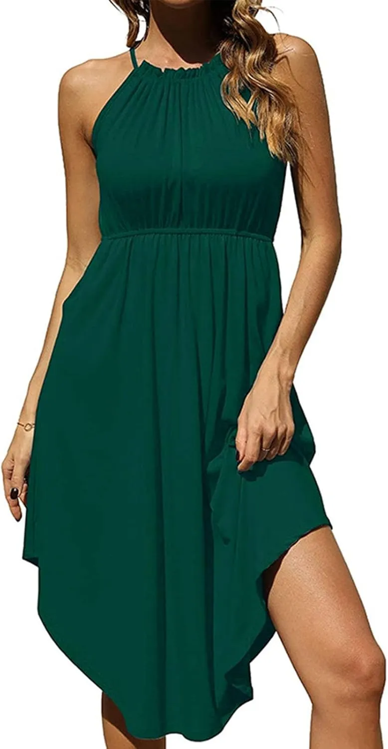 Summer Dresses for Women Solid Color Sleeveless Sexy Strap Dress Pleated Front Ruffle Irregular Hem Beach Dresses