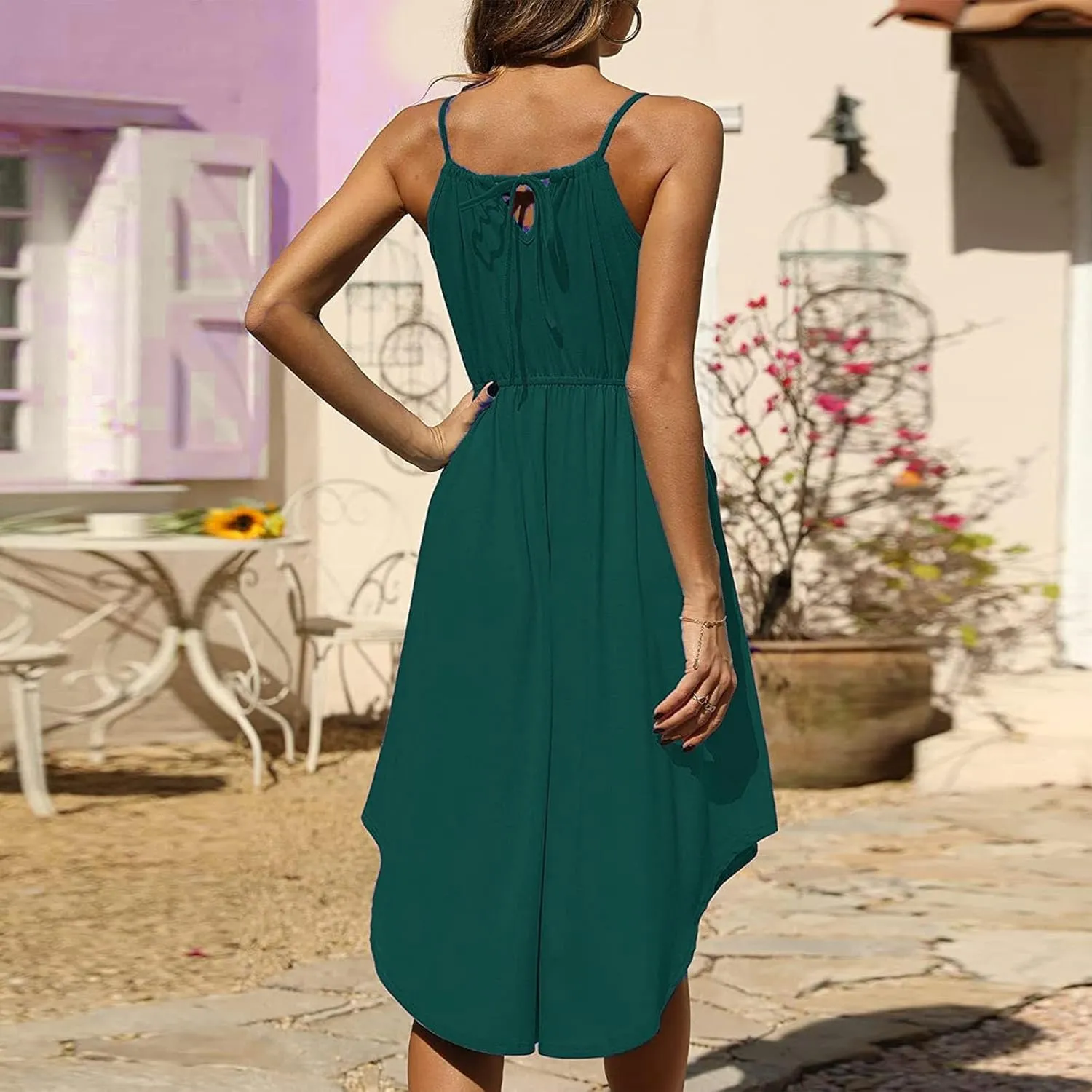 Summer Dresses for Women Solid Color Sleeveless Sexy Strap Dress Pleated Front Ruffle Irregular Hem Beach Dresses