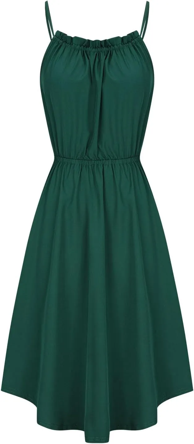 Summer Dresses for Women Solid Color Sleeveless Sexy Strap Dress Pleated Front Ruffle Irregular Hem Beach Dresses