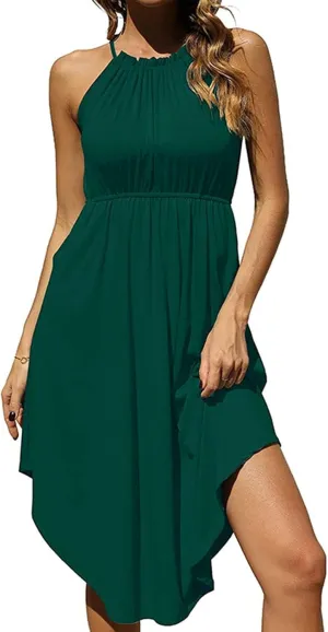 Summer Dresses for Women Solid Color Sleeveless Sexy Strap Dress Pleated Front Ruffle Irregular Hem Beach Dresses