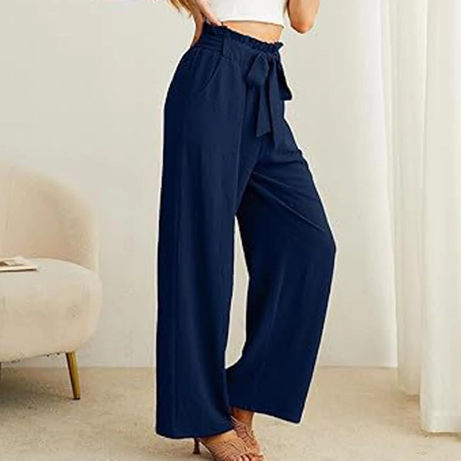 Summer Pants For Women 2024 Trendy Petite High Waist Palazzo Linen Wide Leg Sweatpant Tie Business Lounge Trouser