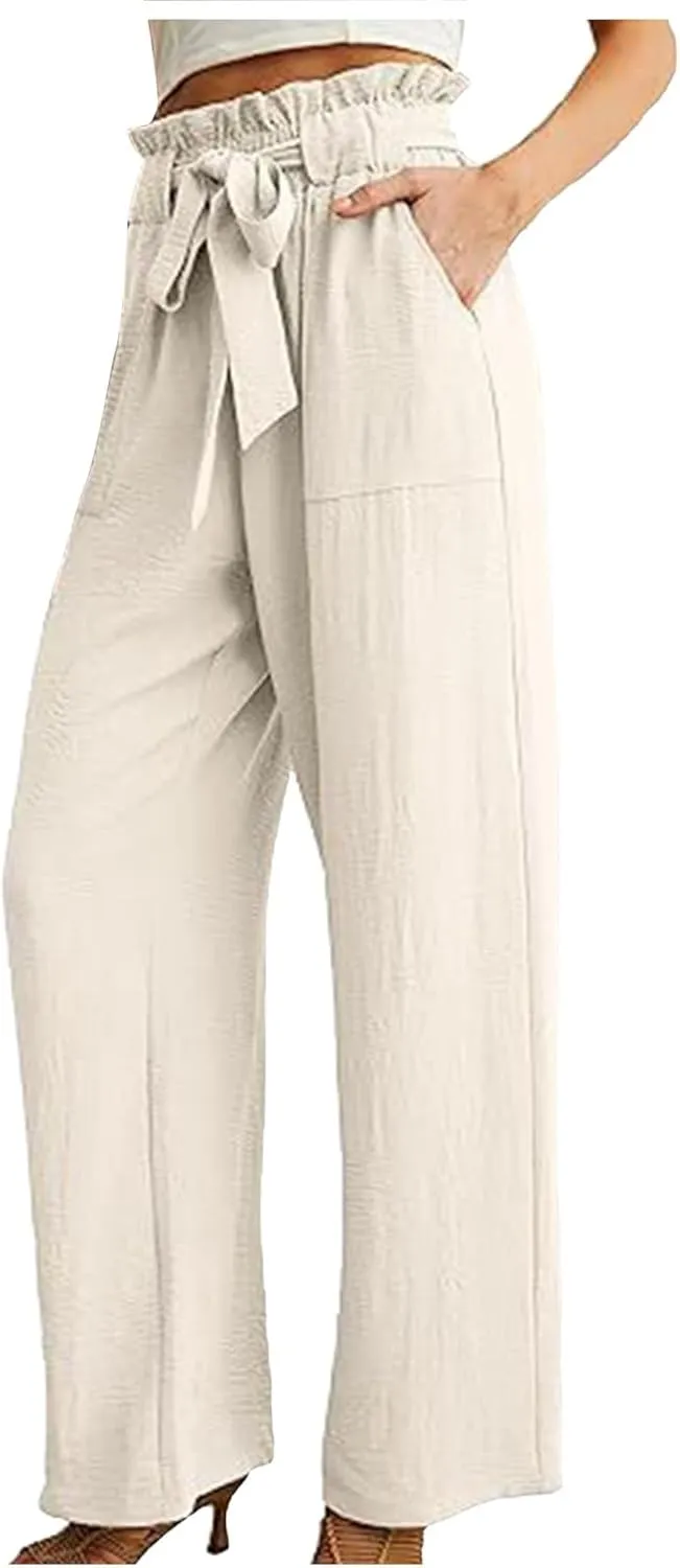 Summer Pants For Women 2024 Trendy Petite High Waist Palazzo Linen Wide Leg Sweatpant Tie Business Lounge Trouser