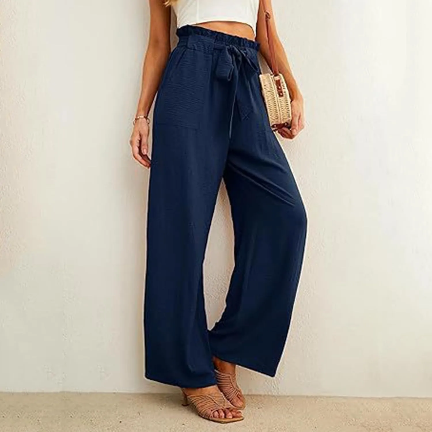 Summer Pants For Women 2024 Trendy Petite High Waist Palazzo Linen Wide Leg Sweatpant Tie Business Lounge Trouser