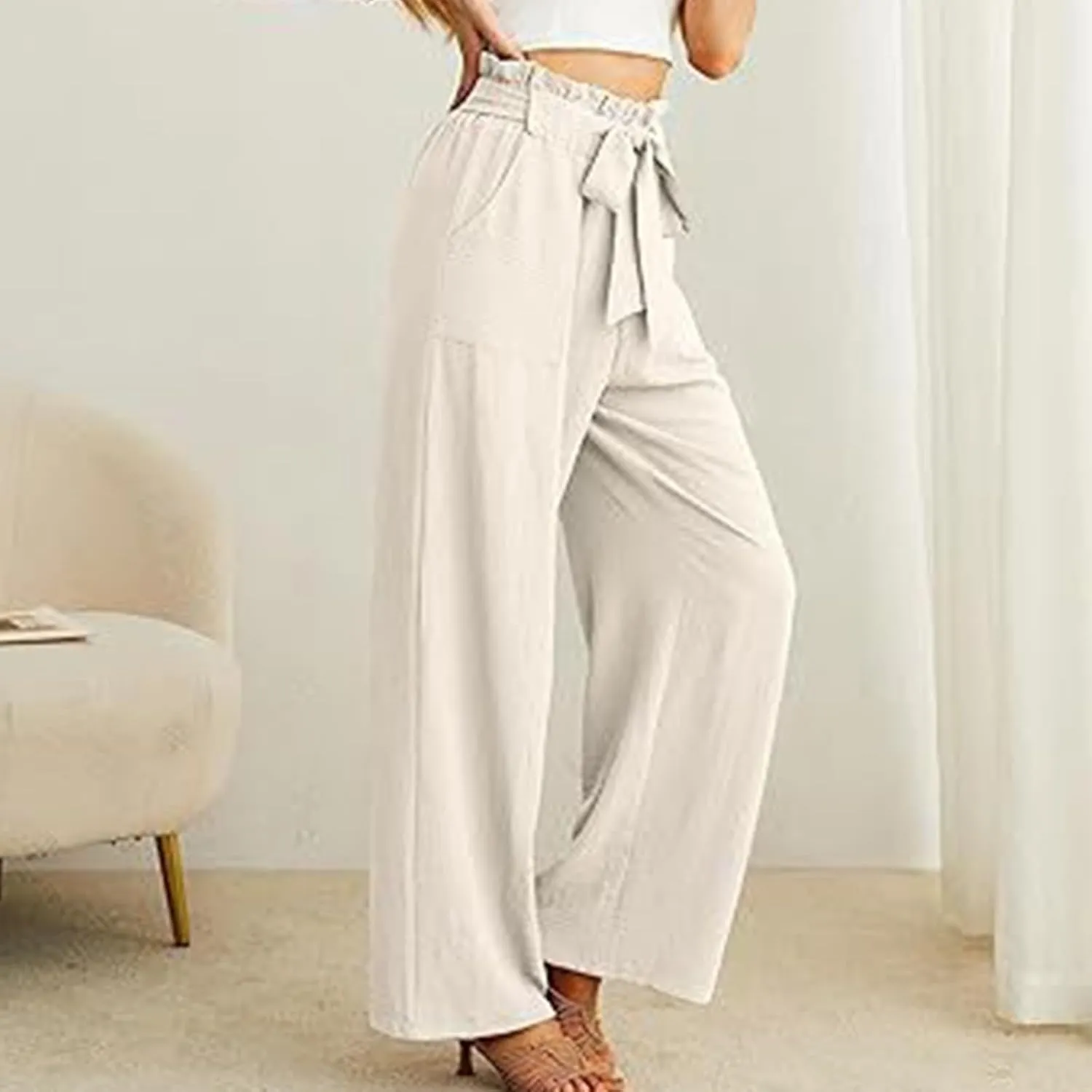Summer Pants For Women 2024 Trendy Petite High Waist Palazzo Linen Wide Leg Sweatpant Tie Business Lounge Trouser