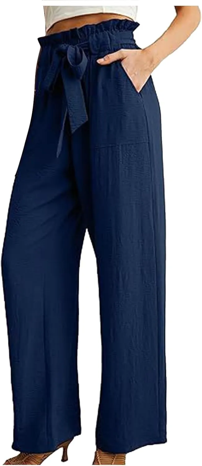 Summer Pants For Women 2024 Trendy Petite High Waist Palazzo Linen Wide Leg Sweatpant Tie Business Lounge Trouser