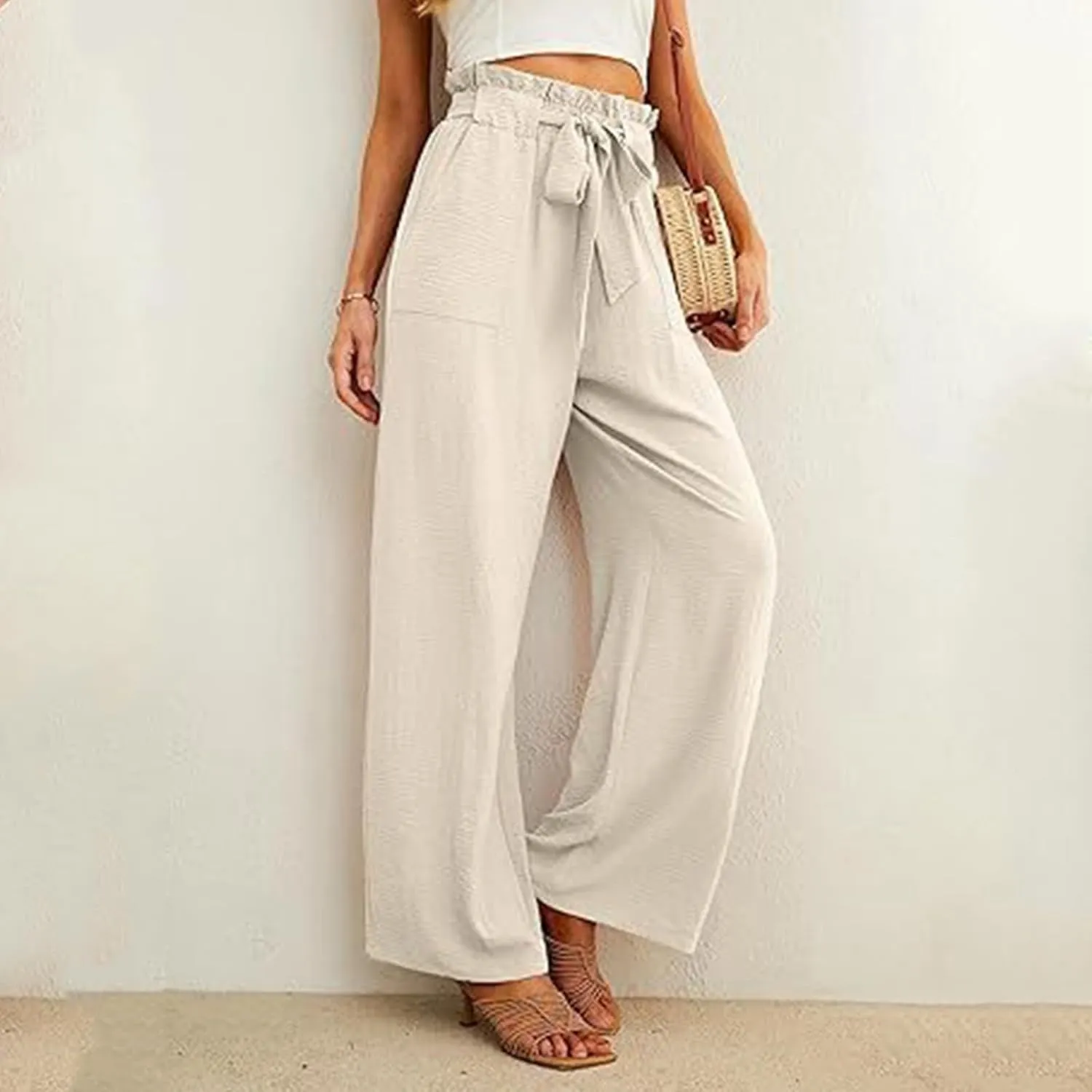 Summer Pants For Women 2024 Trendy Petite High Waist Palazzo Linen Wide Leg Sweatpant Tie Business Lounge Trouser