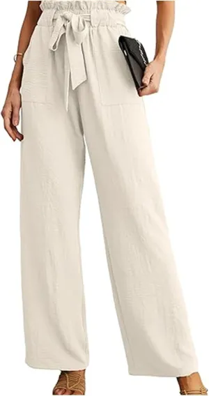 Summer Pants For Women 2024 Trendy Petite High Waist Palazzo Linen Wide Leg Sweatpant Tie Business Lounge Trouser