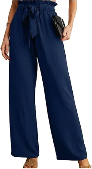 Summer Pants For Women 2024 Trendy Petite High Waist Palazzo Linen Wide Leg Sweatpant Tie Business Lounge Trouser