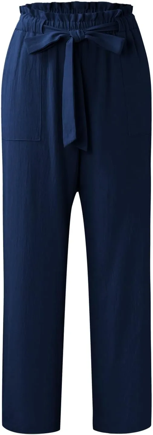 Summer Pants For Women 2024 Trendy Petite High Waist Palazzo Linen Wide Leg Sweatpant Tie Business Lounge Trouser