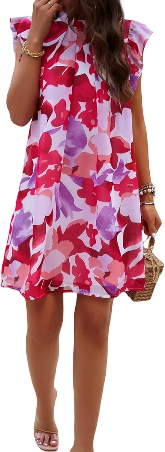 Summer Sleeveless Floral Dresses for Women Loose Casual Short Ruffle Sleeve Print Mini Dress