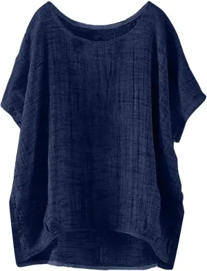 Summer Tops for Women 2025 Short Sleeve Crew Neck Linen Cotton Shirts Plus Size Gauze Casual Dressy Blouse Outfits