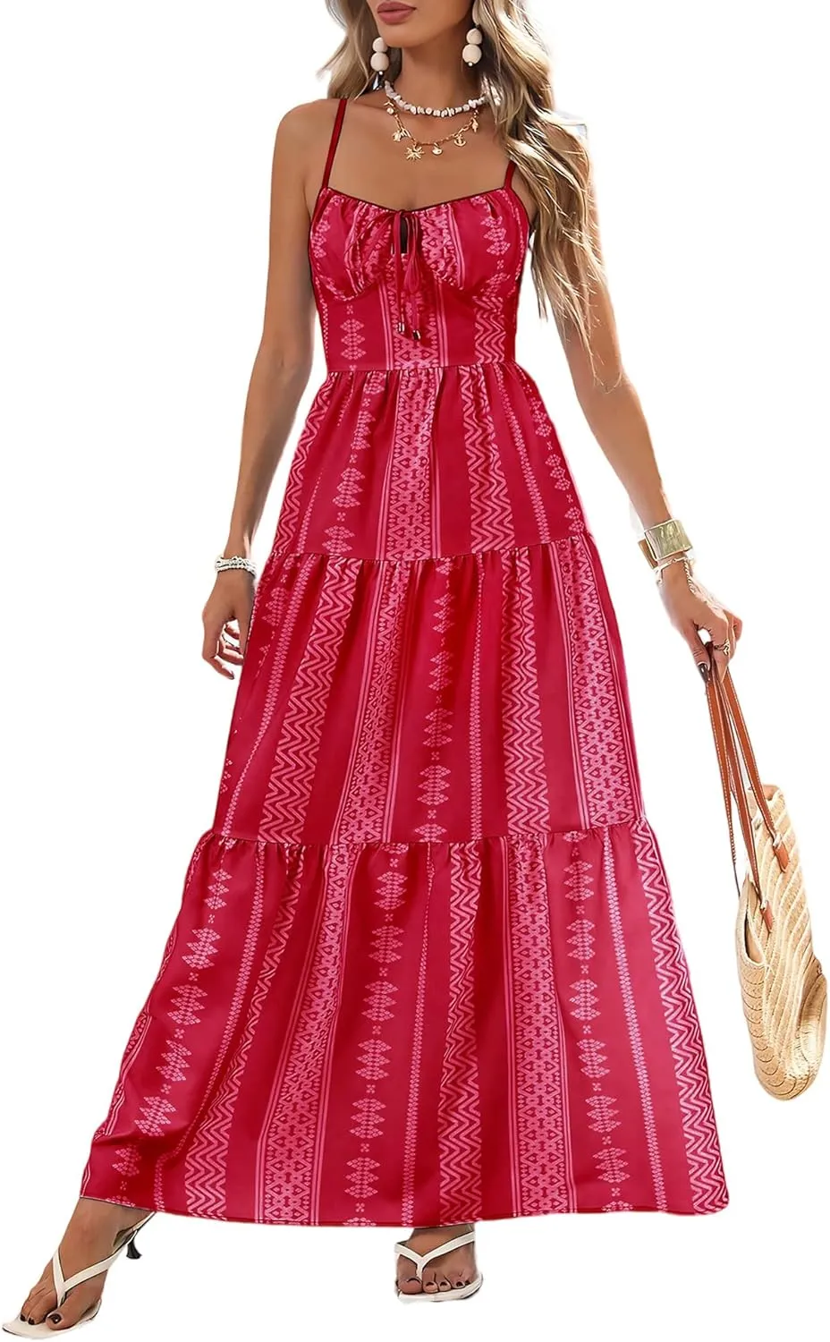 Summer Tropical Boho Sundress for Women Beach Vacation,Casual Spaghetti Strap Smocked Flowy Maxi Sun Dresses