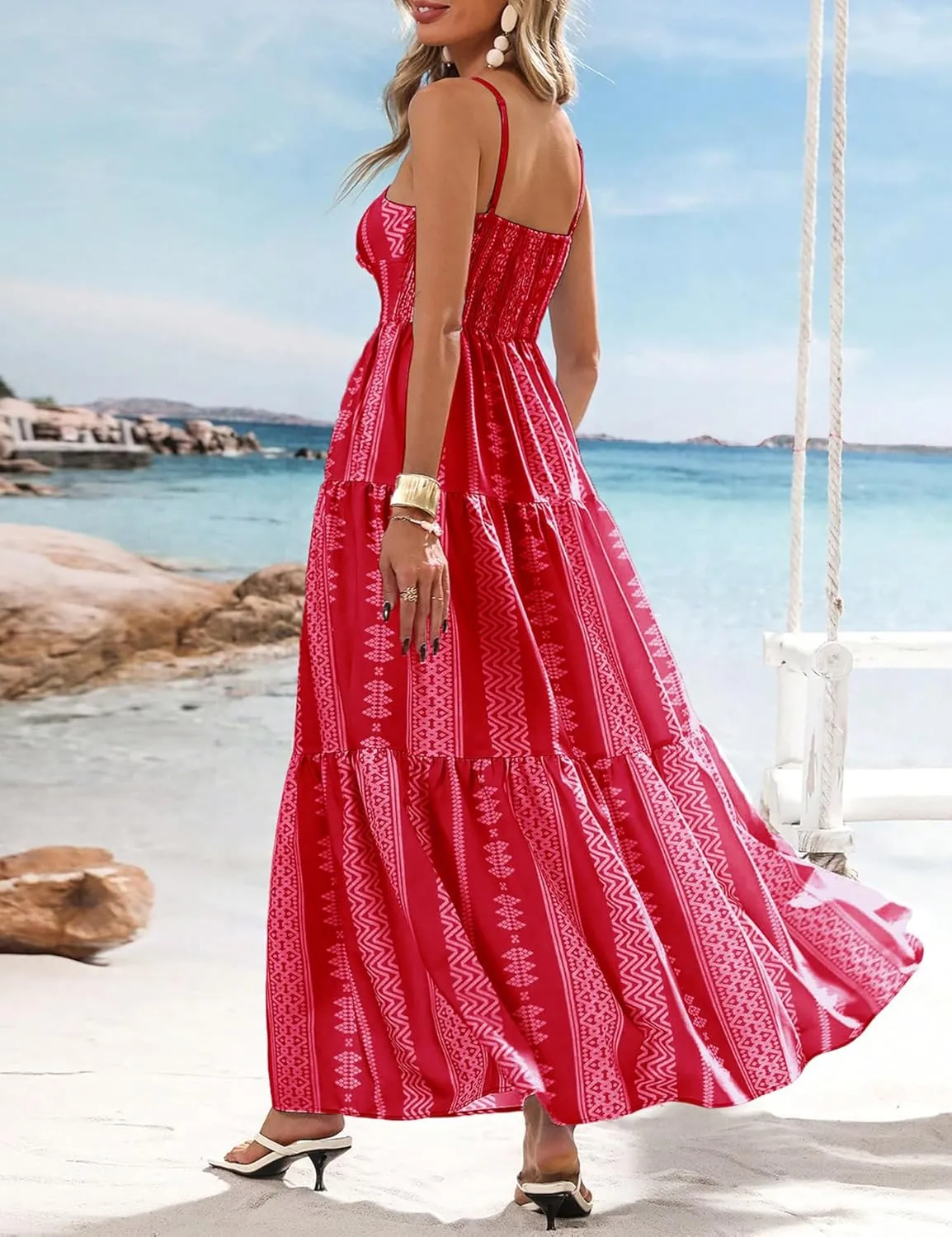 Summer Tropical Boho Sundress for Women Beach Vacation,Casual Spaghetti Strap Smocked Flowy Maxi Sun Dresses