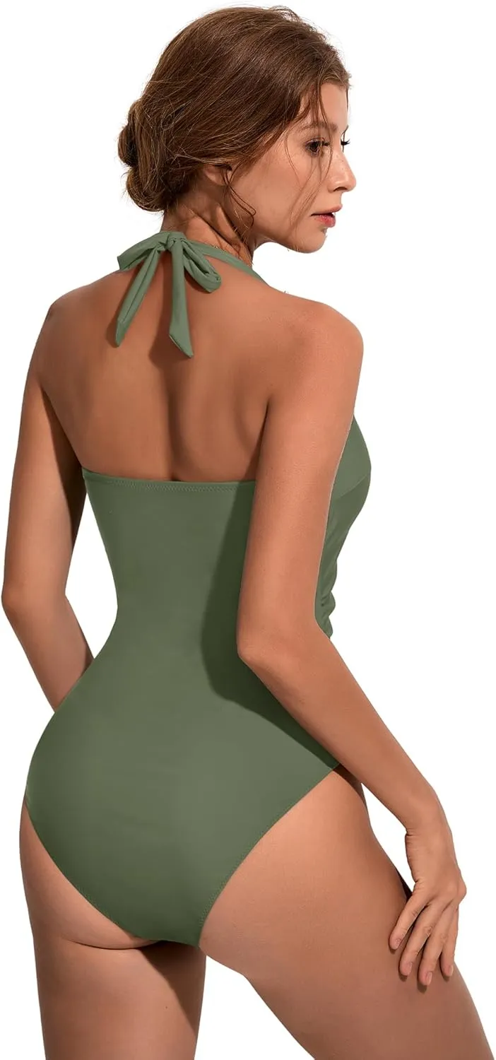 SUUKSESS Women Sexy Halter One Piece Swimsuits Ruffle Tummy Control Bathing Suit