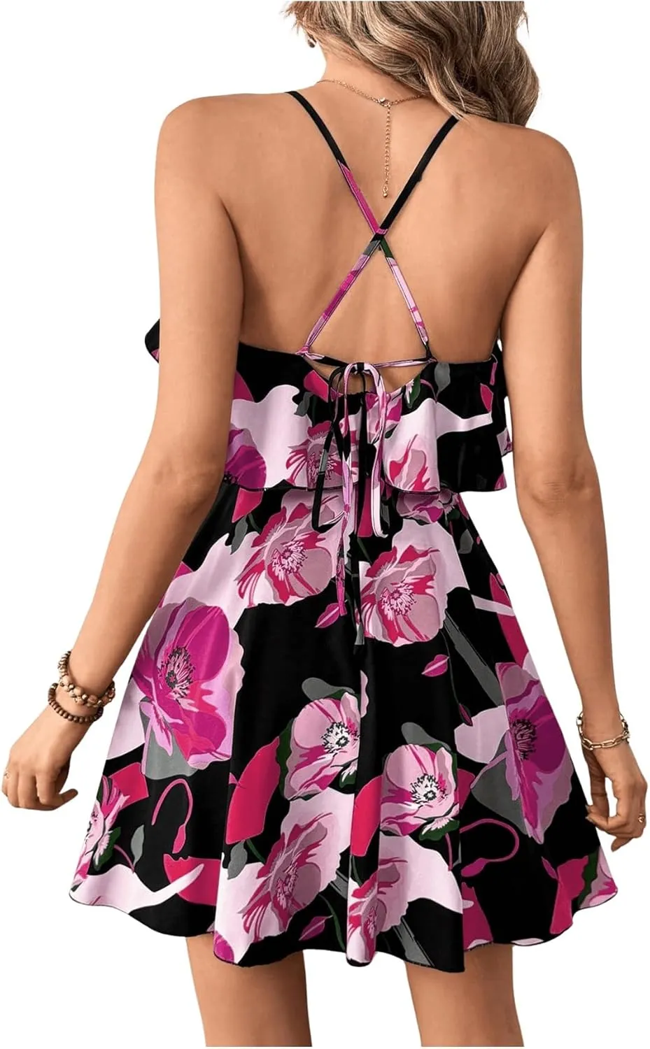 SweatyRocks Women's Floral Print Ruffle Mini Dress Criss Cross Sleeveless Vacation Boho Cami Dresses