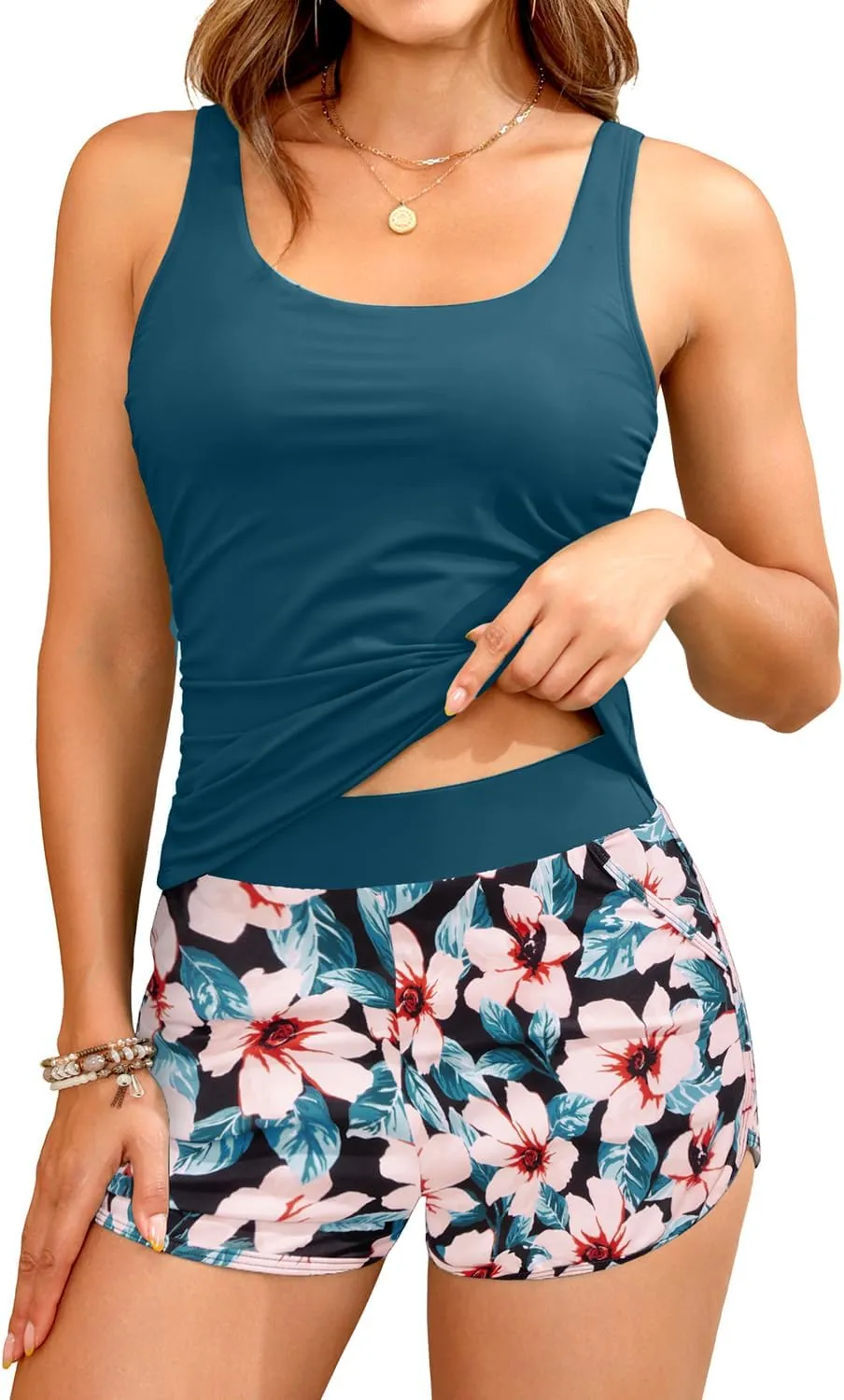 Tankini Swimsuits with Shorts - Two Piece Swimsuits Tummy Control Bathing Suits with Pockets