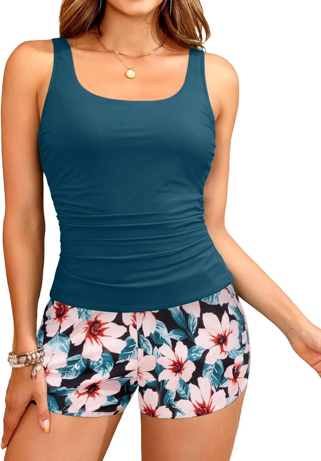 Tankini Swimsuits with Shorts - Two Piece Swimsuits Tummy Control Bathing Suits with Pockets