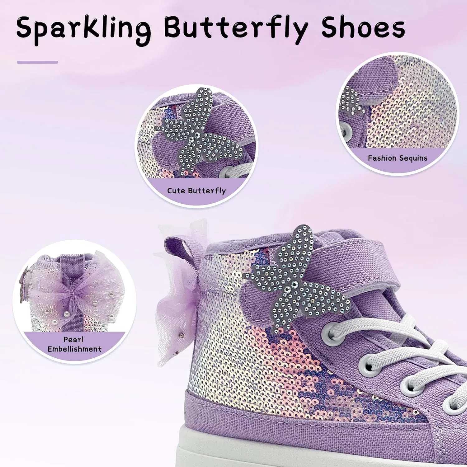 Toddler Sneakers for Girls Boys Fashion Canvas High Tops Butterfly Sequins Shoes Kids Casual Walking Shoes