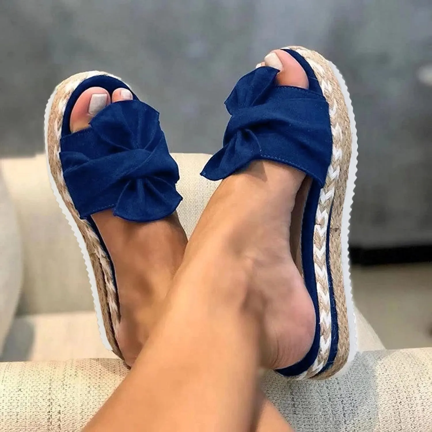 Toe Bow Weave Summer Breathable Open Sandals Flat Slip On Shoes Women's Beach Women's Slider Strap Sandals