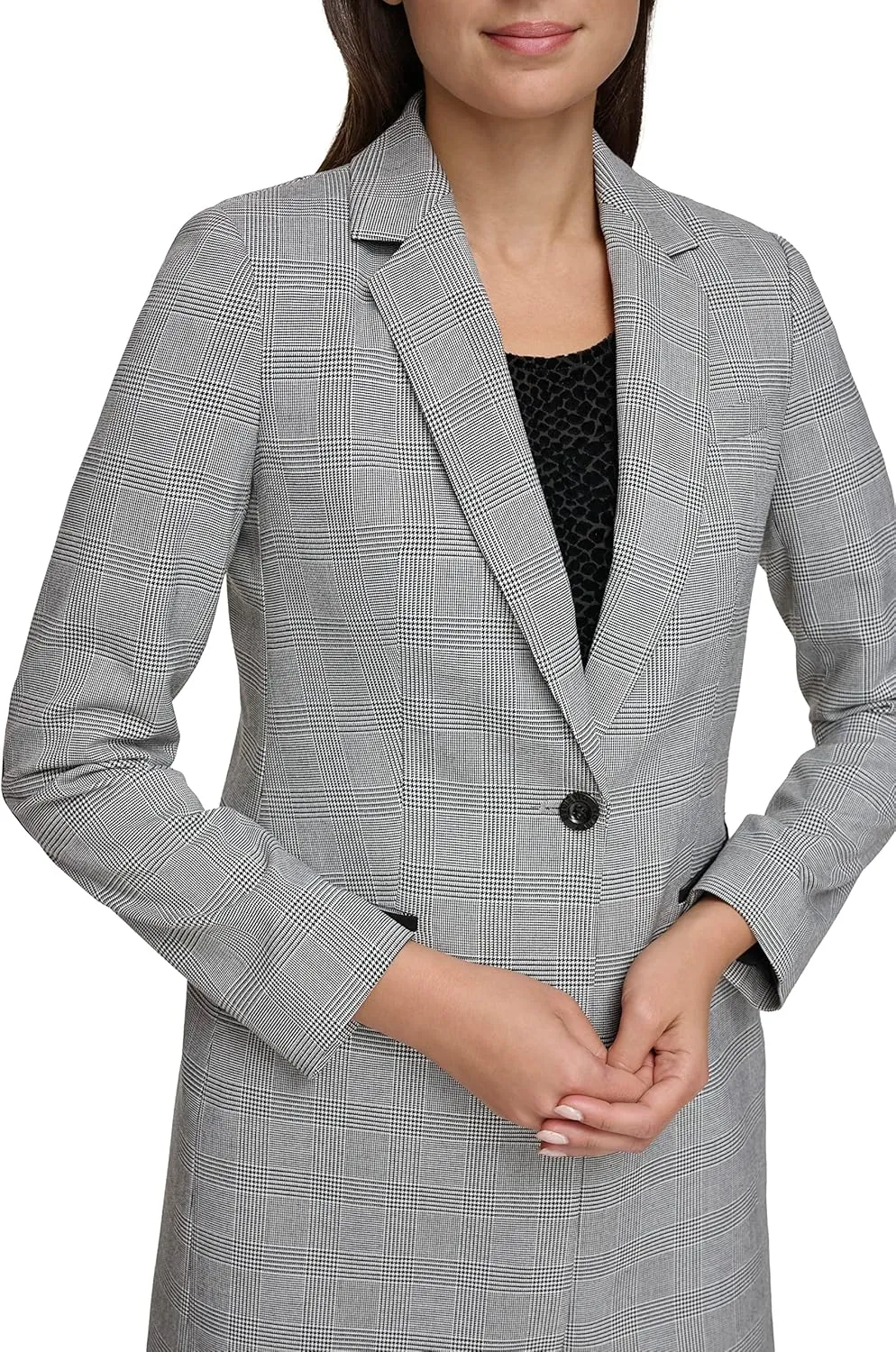 Tommy Hilfiger Women's Long Plaid Fitted Single Button Blazer