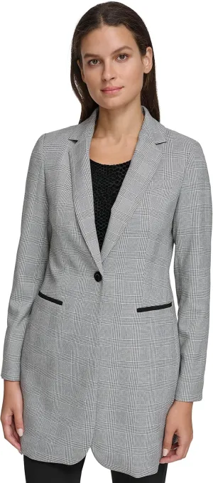 Tommy Hilfiger Women's Long Plaid Fitted Single Button Blazer