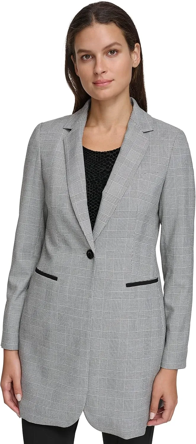 Tommy Hilfiger Women's Long Plaid Fitted Single Button Blazer
