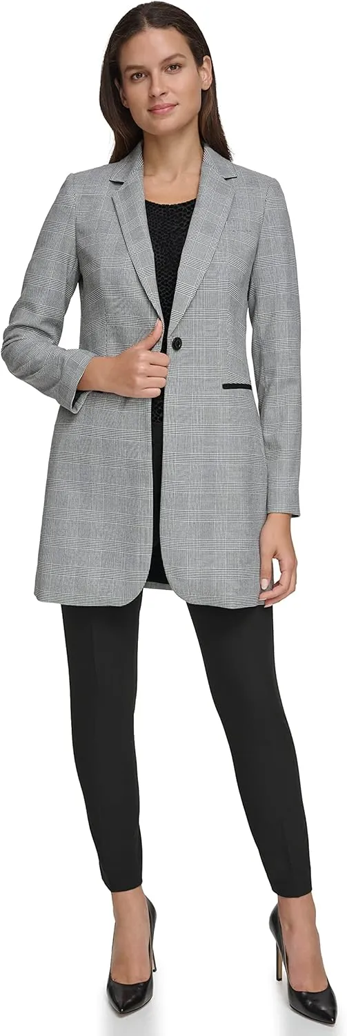 Tommy Hilfiger Women's Long Plaid Fitted Single Button Blazer