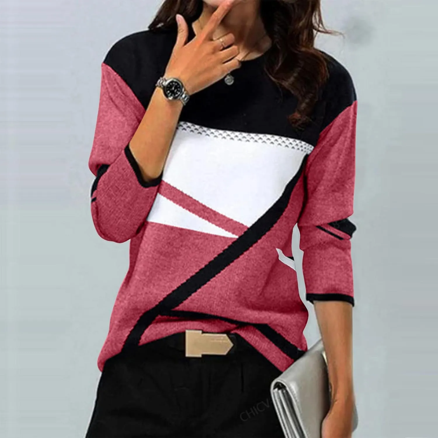 Tops for Women Fall 2024 Color Block Floral Printed Casual Sweatshirts Loose Fashion Round Neck Comfy Pullover Shirts